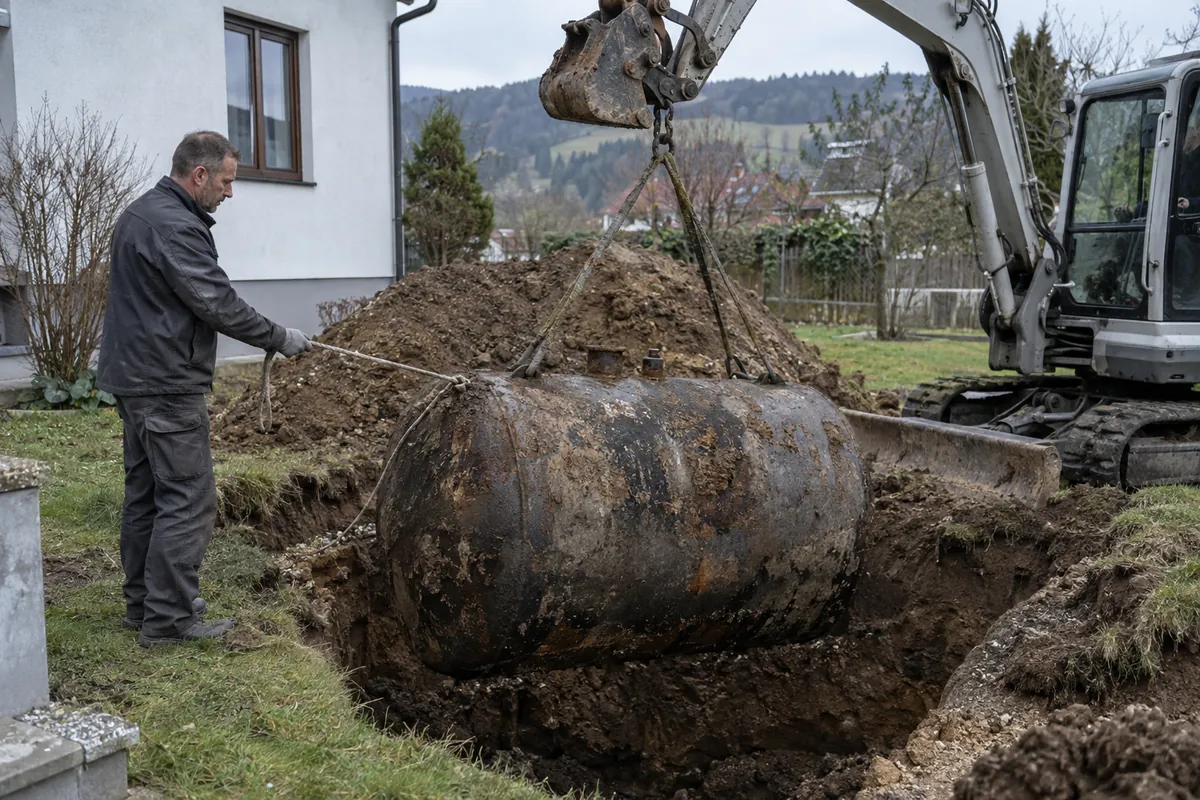 Bagger hebt einen ausgegrabenen Erdtank aus der Grube im Garten eines Einfamilienhauses