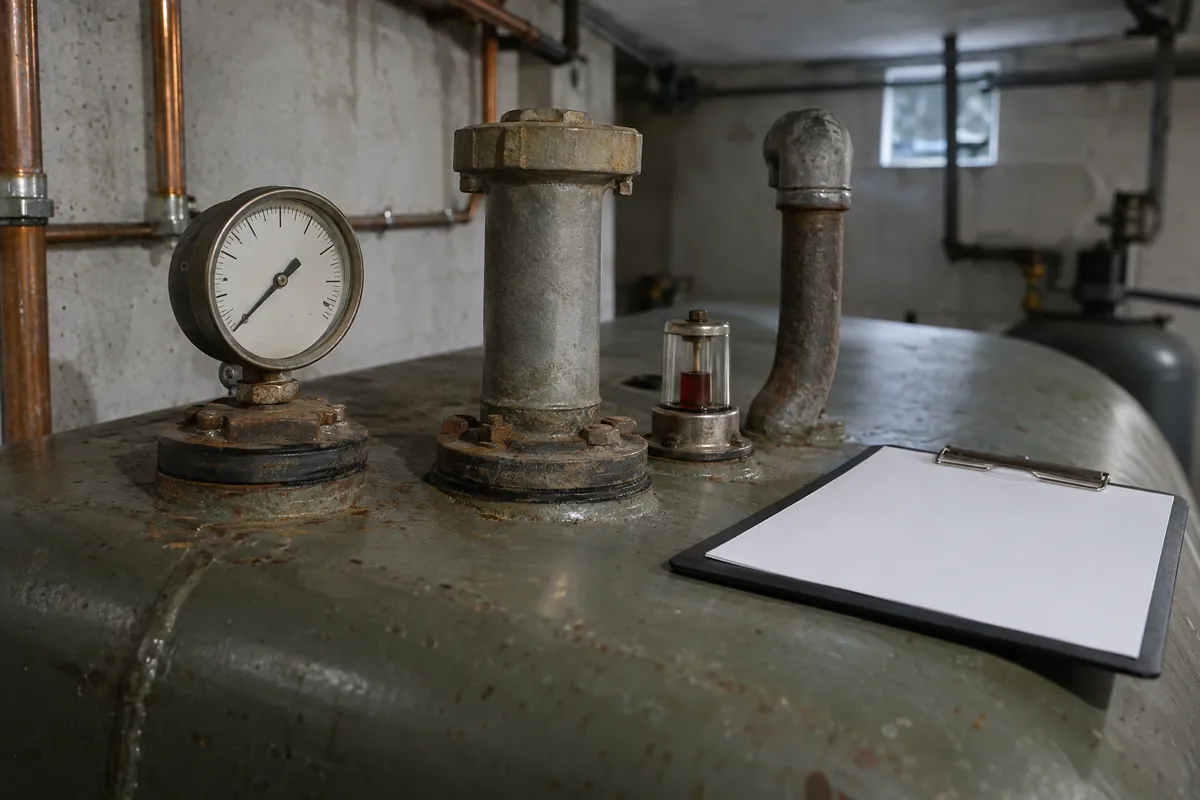 Armaturen, Füllstandsanzeige und Klemmbrett auf einem älteren Heizöltank im Keller