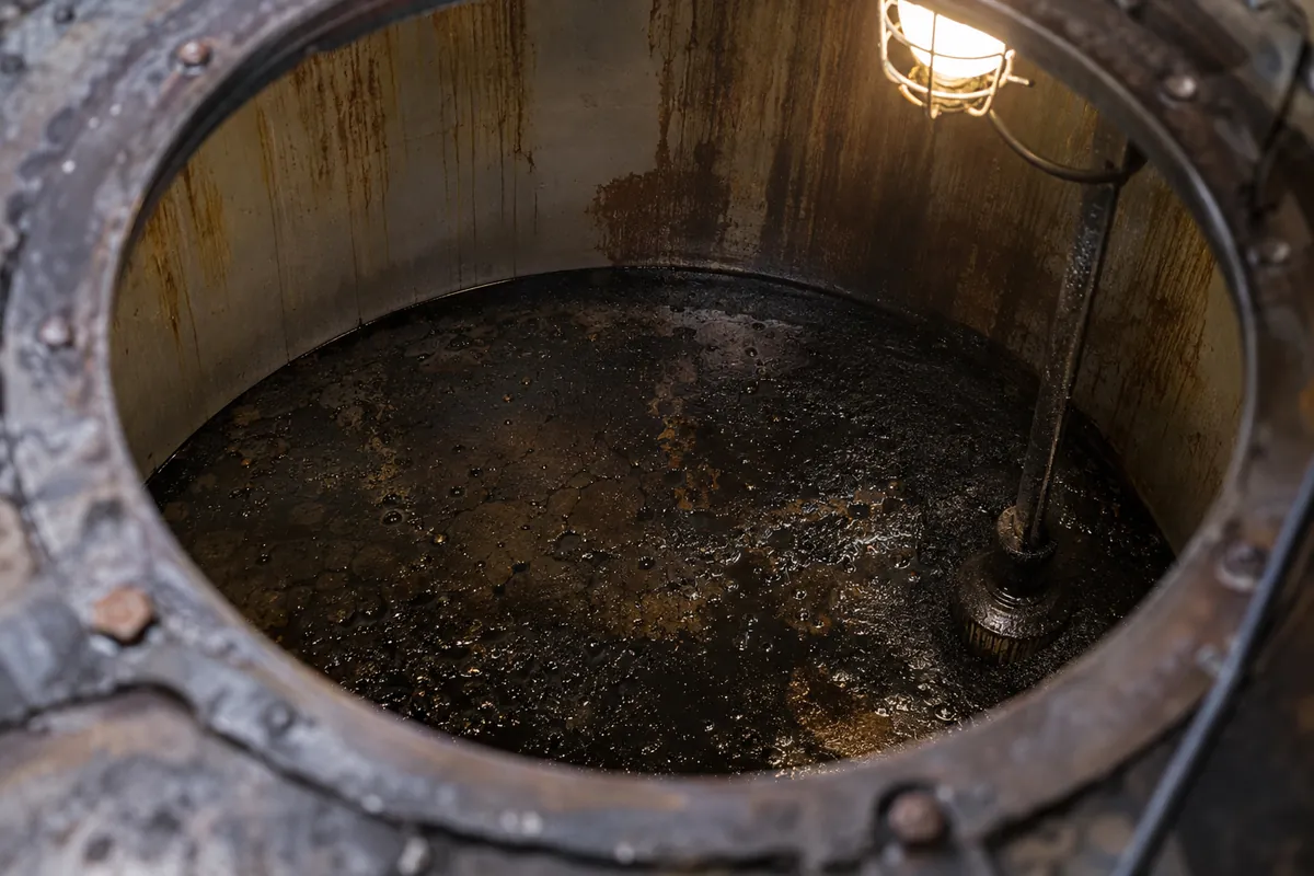 Ölschlamm und Wassertropfen am Boden eines geöffneten Heizöltanks
