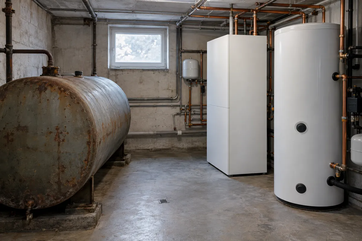 Heizraum während der Umstellung mit altem Öltank und neuer Wärmepumpe